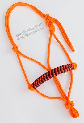 Art.-Nr.: 2091 / 8mm Knotenhalfter mit geflochtenem Nasenband (Neonorange) Gr. COB (Nase/25cm, Backe/25cm, Kehle 15cm, Kehle bis Ganasche 24,5cm)     Preis: CHF 32.-
