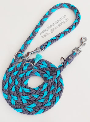 Art.-Nr.: 7015 / Hundeleine (Anthrazit/Türkis) für mittel bis grosse Hunde 200cm lang, silberne Beschläge + Zottelanhänger          Preis: CHF 39.-      