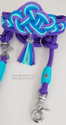 Bild 2 /Art.-Nr.: 7013-2 / Hundeleine verstellbar 10mm Rundseil (Violett) +/-190cm mit silbernen Beschlägen CHF 37.- / Zugstopphalsband mit Keltischem-Knoten (Violett/Türkis/Blau), silbern Ringe, Halsumfang 37cm-47cm CHF 45.-    Total Preis: CHF 82.-