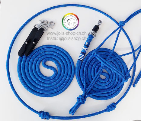 Art.-Nr.: Bild 1 / 2103-1 / Knoti 8mm (Grösse COB) CHF 24.-, Strick (14mm Seil) 300cm CHF 41.- und Zügel Spez. 12mm Seil 300cm CHF 52.-, Reitring CHF 25.-      Total Preis: CHF 152.-