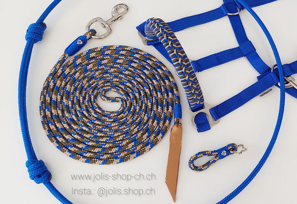 Bild 1 /Art.-Nr.: 2081-1 / Halfter (Gr. COB) Blau/Beige/Olive CHF 22.- und Führstrick Blau/Beige/Olive 500cm CHF 43.- und Schlüsselanhänger  CHF 7.- und Reitring Blau CHF 25.-      Total Preis: CHF 97.-