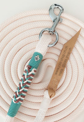 Art.-Nr.: 2085 / 550cm Bodenarbeitsseil 12mm mit Lederklatsche und Normalem Karabiner (Silber)       Preis: CHF 49.-