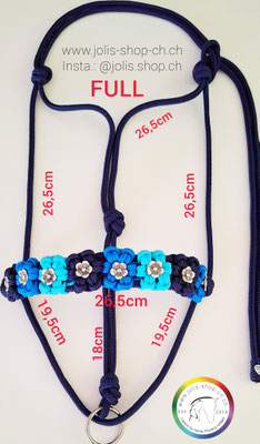 Art.-Nr.: Bild 2 / 2106-2 / Umflochtenes "Flowerpower" Knotenhalfter mit Ring "no slipping" 6mm (Grösse FULL) Blau   Nase/26.5cm  Backe/26.5cm  Kehle/18cm  Ganasche/26,5cm   Total Preis: CHF 36.-