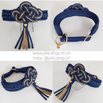 Bild 1 /Art.-Nr.: 7012-1 / Zugstopphalsband mit Keltischem-Knoten (Marineblau/Gold), goldene Ringe, Halsumfang 38cm-44cm    Total Preis: CHF 50.-