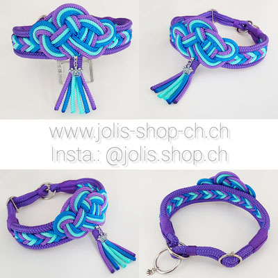 Bild 1 /Art.-Nr.: 7013-1 / Zugstopphalsband mit Keltischem-Knoten (Violett/Türkis/Metallicblue), silberne Ringe, Halsumfang 37cm-47cm    Total Preis: CHF 45.-