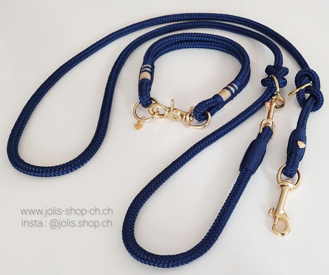 Bild 1 /Art.-Nr.: 7011-1 / Hundeleine verstellbar 10mm Rundseil (Marineblau), +/- 190cm, goldene Beschläge CHF 42.- / Halsband mit Einzelseil 10mm (Marineblau/Gold), goldener Karabinerverschluss, Halsumfang 42cm CHF 35.-    Total Preis: CHF 77.-