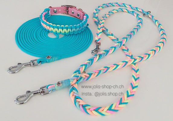Bild 2 /Art.-Nr.: 6038-2 / Halsband "Triple" sweet pastell Rainbow/Türkis (2.5cm breit / Biothaneverschluss 1.9cm breit) / Halsumfang 29cm-35cm) CHF 35.-, Leine 200cm kleine Karabiner CHF 31.-, Schleppleine 5m (5mm) Türkis CHF 21.-     Preis: CHF 87.-  