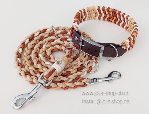 Bild 1 / Art.-Nr.: 6058-1 / Halsband "4 Reihige Pipa" Beige-Braun  4cm breit / Biothaneverschluss2.5cm breit) /  Halsumfang 42cm-48cm) Preis: CHF 48.-  /  Leine 185cm Beige/Braun 2x Mittelgrosse Karabiner für Mittel- bis Grosse Hunde Preis: CHF 29.-