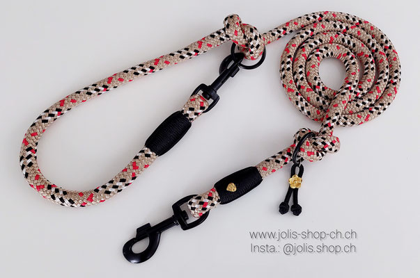 Bild 2 /Art.-Nr.: 6092-2 /   Leine +/-190cm (12mm Seil / Tartan Beige), Schwarze Karabiner, geeignet für mittel bis grosse Hunde    Total Preis: CHF 45 .-  