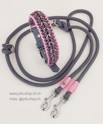 Art.-Nr.:Bild 2 / 6036-2 / Leine Grau/Rosa 8mm Seil CHF 33.- / Halsband "Stubborn Milow" grau/rosa (2.5cm breit / Biothaneverschluss 1.9cm breit) /  Halsumfang 31cm-36cm) CHF 45.-          Total Preis: CHF 78.-    