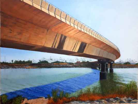Puente sobre el nuevo cauce del Turia en Pinedo, con reflejos en el agua y vegetación alrededor.