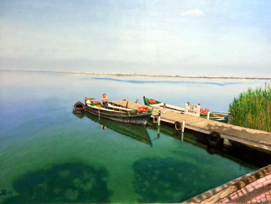 Embarcadero con barcas amarradas, agua en calma y horizonte despejado en el mirador de El Saler.