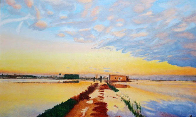 Óleo realista “La Perelloná” con compuertas de la Albufera y reflejos al atardecer – Joaquín Pardo