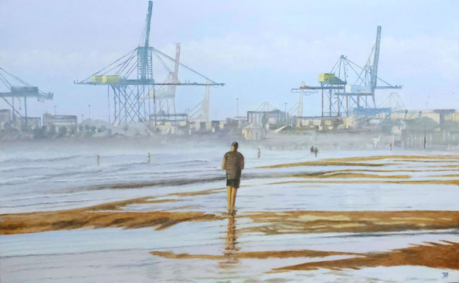 Óleo realista “Caminante solitario” con figura humana y paisaje abierto – Joaquín Pardo