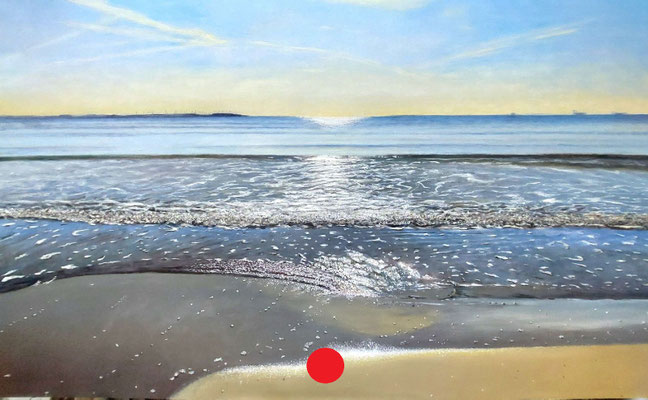 Óleo realista “Pinedo en calma” con mar tranquilo y luz suave – Joaquín Pardo