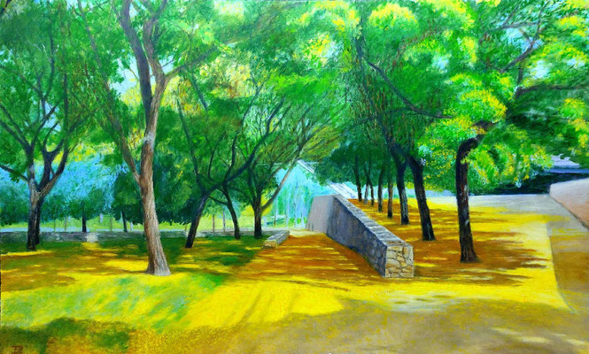 Óleo realista “Jardín del Turia – Alfombra amarilla” con hojas caídas y luz cálida – Joaquín Pardo