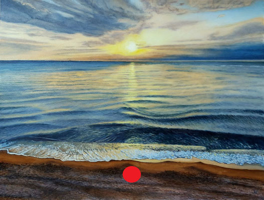 Óleo realista “Amanecer en Tavernes” con sol naciente y reflejos sobre el mar – Joaquín Pardo