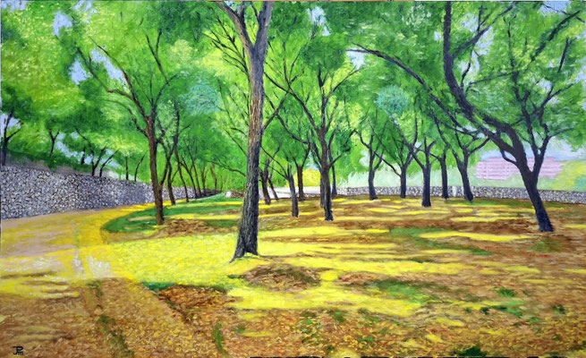 óleo realista ‘Bosquecillo en el Parque de Cabecera’ con luz natural y vegetación – Joaquín Pardo