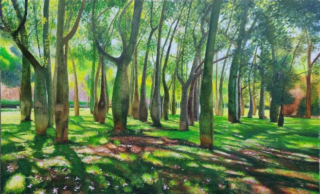 Óleo realista “Jardín del Turia – San Felipe” con ceibas y luz filtrada entre los árboles – Joaquín Pardo