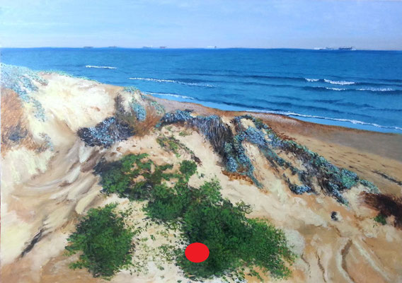 Dunas con arbustos de colores vivos, arena iluminada y el mar al fondo con barcos en el horizonte.