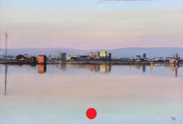 Atardecer en Sedaví con edificios reflejados en el agua, cielo rosado y tonos suaves sobre la Albufera.