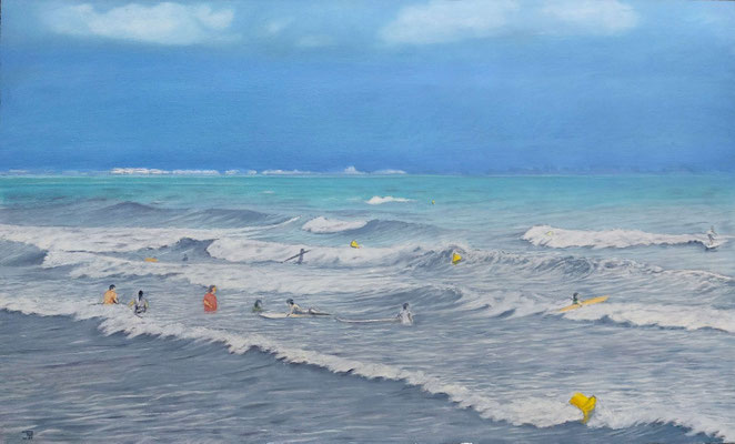 Óleo realista “Surfistas con borrasca” con olas fuertes y figuras en acción – Joaquín Pardo