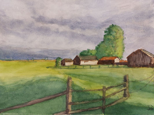 Paisaje rural con casas, pradera húmeda y cielo tormentoso cargado de nubes.