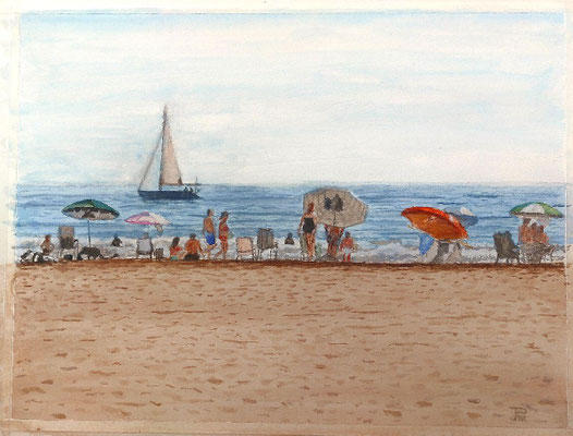 Acuarela que representa una escena veraniega en la playa de la Malvarrosa, con bañistas bajo sombrillas y un velero al fondo. Una imagen luminosa y serena, trabajada en estudio a partir de una fotografía tomada desde el paseo marítimo.