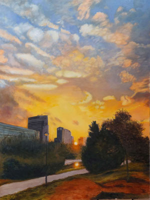 Óleo realista “Amanecer en el Jardín del Turia” con sol naciente entre edificios y arboleda – Joaquín Pardo