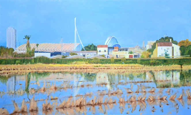 Óleo realista “Tan cerca, tan lejos” con horizonte difuso y luz mediterránea – Joaquín Pardo