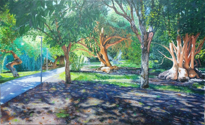 Óleo realista “Jardín del Turia – Ciudadela” con árboles de formas irregulares y sendero iluminado – Joaquín Pardo