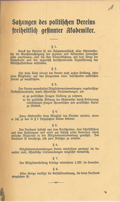 Vereinssatzung "Politischer Verein freiheitlich gesinnter Akademiker", 3.11.1918: Der Verein organisiert zusammen mit dem Arbeiter- und Soldatenrat die sog. Volksvorlesungen. Schriftführerin war Iris Runge (DDP). StA Göttingen 