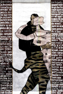 DER TIGER MILLAN,  1996 200/140 cm. Collage und Malerei auf Leinwand