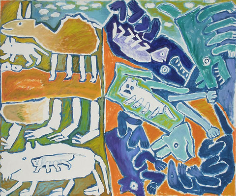 Die Erschaffung der Tiere – die Zerstörung der Tiere (hommage à Meister Bertram), 1986, Acryl, Öl auf Leinwand