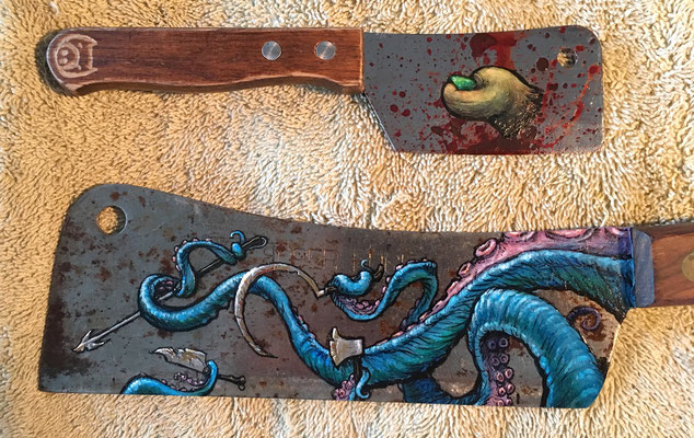 "This Lil' Piggy" & "Woe Betide Thee", acrylic and mixed media on metal cleavers. Exhibited and sold at Left Hand Black Tattoo.