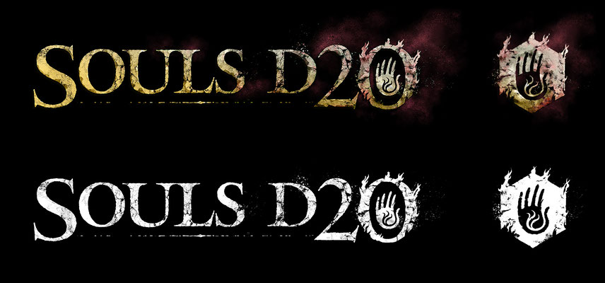 Title treatment and logo variants for Souls d20, a new tabletop roleplaying game inspired by Elden Ring and the Soulsborne games