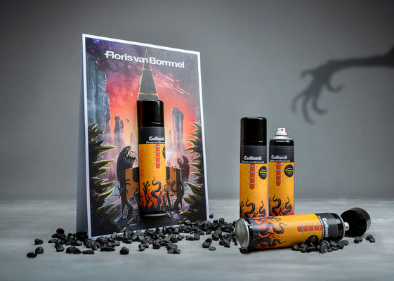 Can wrap and tentboard for a limited-edition Carbon Pro shoe spray, collaboration with Floris van Bommel and Collonil