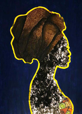 Black Gold, 2025 African wax fabric, oil, acrylic, activated carbon, laser transfer on canvas. 24” x 20” 