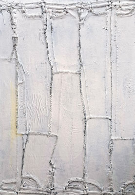 Denim of Excess, 2024; second-hand jeans trousers, yarn, acrylic on board; 58in x 42in 
