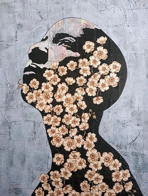 Stitches and Flowers, 2022. Acrylic, African wax fabric, wallpaper, thread on canvas. 18in x 24in NFS