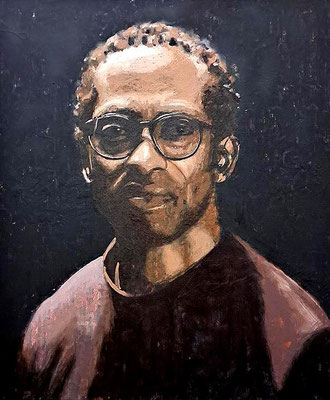 Ego portrait #2, 2024. Oil on reclaimed bed sheet on canvas 32in x 36in 
