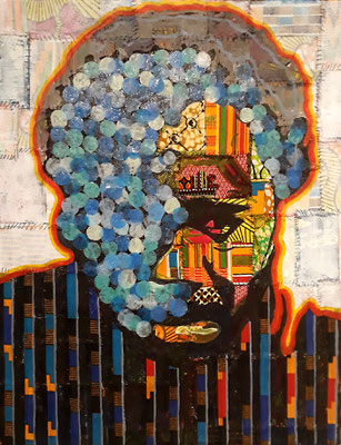 Half Mask, 2022. Acrylic, African wax fabric, repurposed plastic, thread on canvas 16in x 20in SOLD