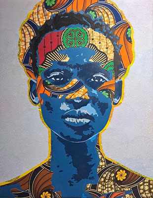 Nyame Dua (Mask of God) 2022. Acrylic, African wax fabric on canvas. 22in x 28in SOLD