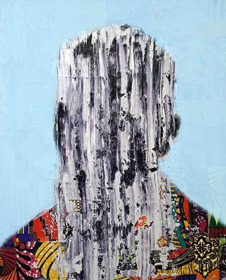 Who Am I? 2025 African wax fabric, oil, acrylic, laser transfer on canvas. 24” x 20” 
