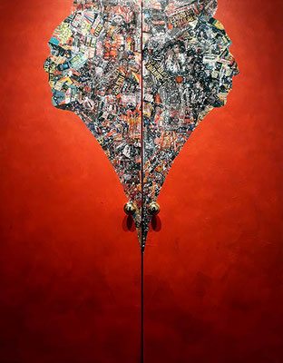 Double Doors, 2019. Newsprint and acrylic on reclaimed doors 5ft x 6ft 6in 