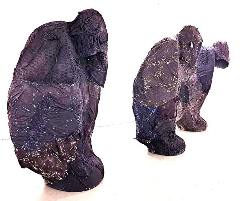 Harbingers, 2024; used clothing, house paint, yarn on steel armature; 66in x 36in x 40in (each)