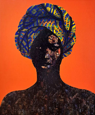 Shadowed Echoes 2025 African wax fabric, oil, acrylic, laser transfer on canvas. 24” x 20
