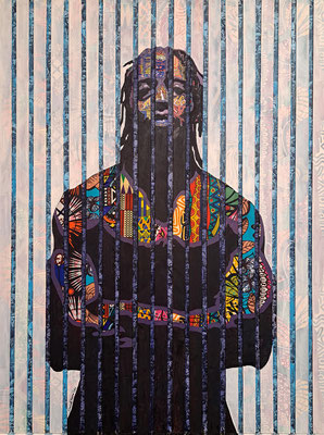 Alkebulan, 2026 African wax fabric, oil, acrylic, repurposed window blinds on canvas. 48"x36"