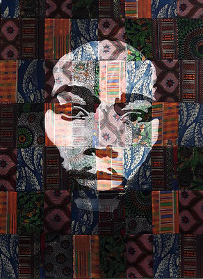 Fabric Face, 2020. Up-cycled African wax fabric, acrylic, glue on canvas 30in x 40in SOLD