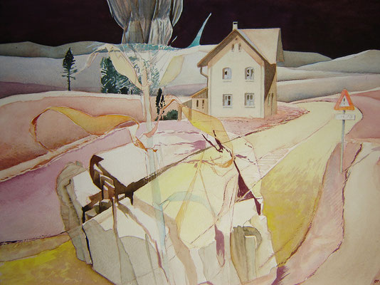 Aquarell "Das alte Haus in der Kurve" – 80 x 60 cm